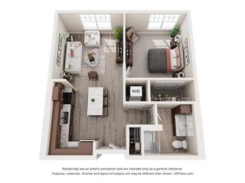 Floor plan for 1 bed, 1 bath, 718 sqft